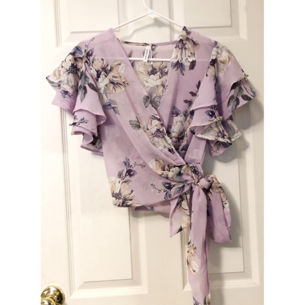 Lilac Floral Wrap Top with Ruffles